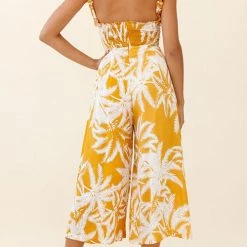 Levency New In Palm Print Slip Wide Leg Jumpsuits