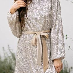 Levency Sequin Belted Long Sleeve Mini Dress
