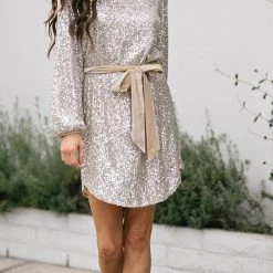 Levency Sequin Belted Long Sleeve Mini Dress