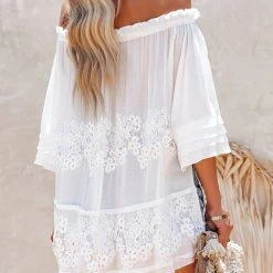 Levency New In Off The Shoulder Flare Sleeve Crochet Tunic