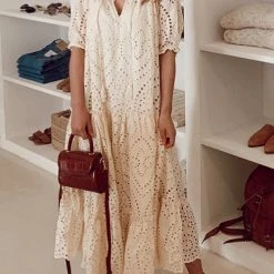 Levency Eyelet Tassels Tiered Maxi Dress