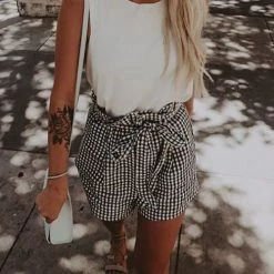 Levency Houndstooth Ruffles Belted Shorts New In