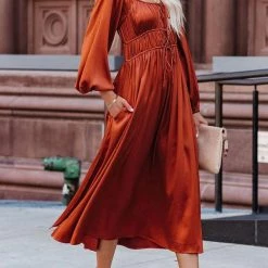 Levency New In Satin Pocket Drawstring Long Sleeve Midi Dress 12 Levency New In Satin Pocket Drawstring Long Sleeve Midi Dress