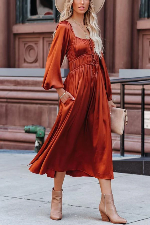 Levency New In Satin Pocket Drawstring Long Sleeve Midi Dress 4 Levency New In Satin Pocket Drawstring Long Sleeve Midi Dress