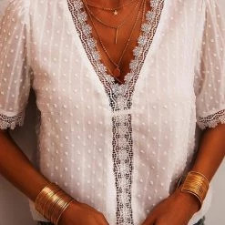 Levency Lace V Neck Puff Short Sleeves Blouses 29 Levency Lace V Neck Puff Short Sleeves Blouses