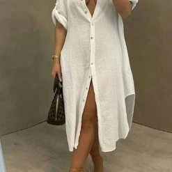 Levency Solid Color Round Neck Button Up Dress New In