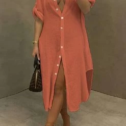 Levency Solid Color Round Neck Button Up Dress New In