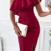 Levency New In Ruffles One Shoulder Ruched Slit Dress