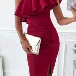 Levency New In Ruffles One Shoulder Ruched Slit Dress