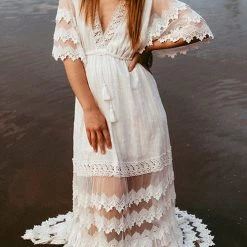 Levency Lace V Neck Open Back Maxi Dress New In