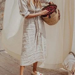 Levency Knot V Neck Linen Dress