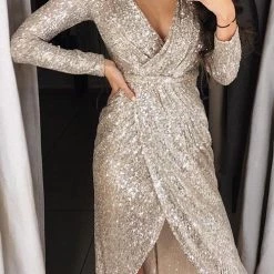 Levency New In Plunge Neck Sequin Slit Dress