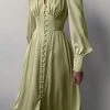 Levency Satin Button Puff Long Sleeve Dress