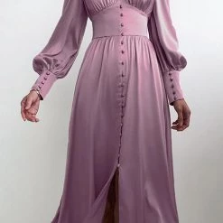 Levency Satin Button Puff Long Sleeve Dress