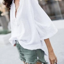 Levency Linen V Neck Loose Blouse