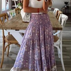 Levency Floral Print Elastic Maxi Skirts