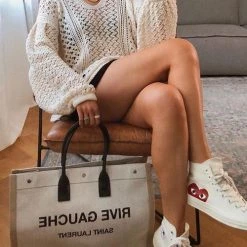 Levency New In Hollow V Neck Puff Sleeve Sweater