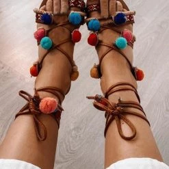 Levency New In Pom Pom Lace Up Flat Sandals