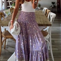 Levency Floral Print Elastic Maxi Skirts