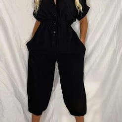 Levency Button Pockets Drawsting Jumpsuit