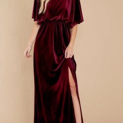 Levency New In Velvet Wlastic Waist Slit Maxi Dress