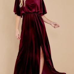 Levency New In Velvet Wlastic Waist Slit Maxi Dress