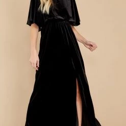 Levency New In Velvet Wlastic Waist Slit Maxi Dress