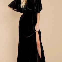 Levency New In Velvet Wlastic Waist Slit Maxi Dress