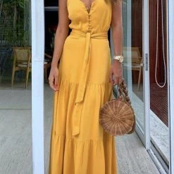 Levency Button Belted Slip Maxi Dress New In