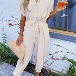 Levency Button Pockets Drawsting Jumpsuit