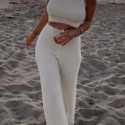 Levency Fuzzy Tank Top Wide Leg Pants Set New In