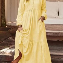 Levency Pockets V Neck Long Sleeeve Maxi Dress