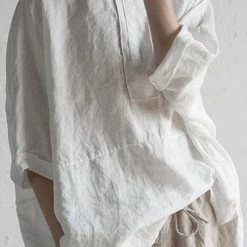 Levency O Neck Slit Back Loose Linen Blouse