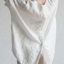 Levency O Neck Slit Back Loose Linen Blouse