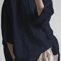 Levency O Neck Slit Back Loose Linen Blouse
