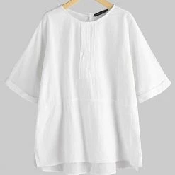 Levency O Neck Slit Back Loose Linen Blouse