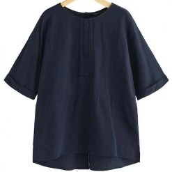 Levency O Neck Slit Back Loose Linen Blouse