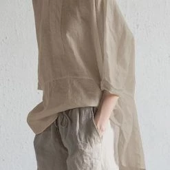 Levency O Neck Slit Back Loose Linen Blouse