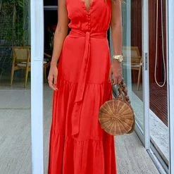 Levency Button Belted Slip Maxi Dress New In