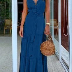 Levency Button Belted Slip Maxi Dress New In