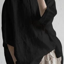 Levency O Neck Slit Back Loose Linen Blouse