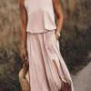 Levency New In Pockets O Neck Sleeveless Slit Maxi Dress