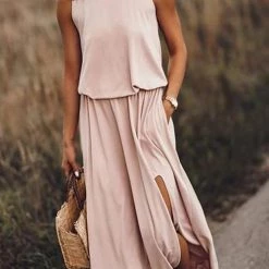 Levency New In Pockets O Neck Sleeveless Slit Maxi Dress