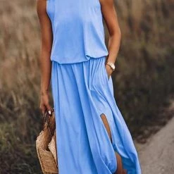 Levency New In Pockets O Neck Sleeveless Slit Maxi Dress