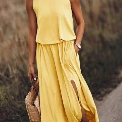 Levency New In Pockets O Neck Sleeveless Slit Maxi Dress