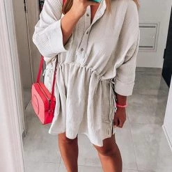 Levency New In Button Pockets Drawstring Waist Dress