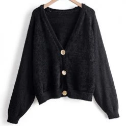 Levency Fuzzy Button V Neck Cardigan