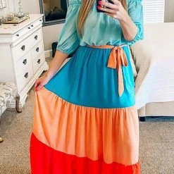 Levency Color Block Off Shoulder Puff Sleeve Maxi Dress New In