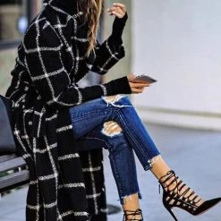 Levency New In Pockets Plaid Long Hoodie Coat