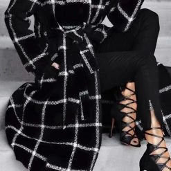 Levency New In Pockets Plaid Long Hoodie Coat